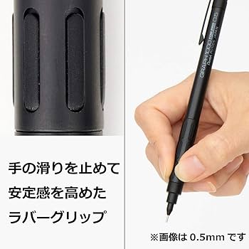 Pentel Graph 1000 kavrama detayı ve kalemi tutan el; Japonca metin kaymayı önleyen lastik kavramayı anlatıyor