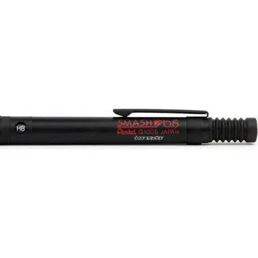 Pentel Smash'in üst gövdesi, kırmızı SMASH 0.5 Q1005 baskısı ve tırtıklı tıklama başlığı
