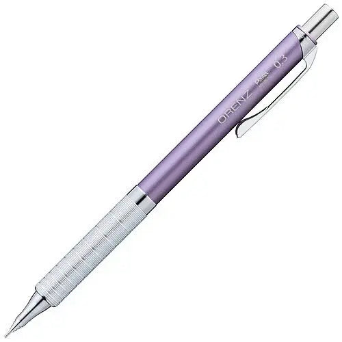 Pentel Orenz Metal Grip mor gövde, tam boy açılı görünüm, tırtıklı metal kavrama bölümü, 0.3 mm
