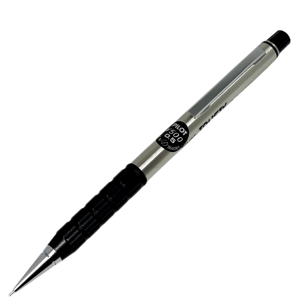Pilot Trusty Vintage gümüş metal gövde, siyah tırtıklı kavrama ve Japonca fiyat etiketi, 0.5 mm