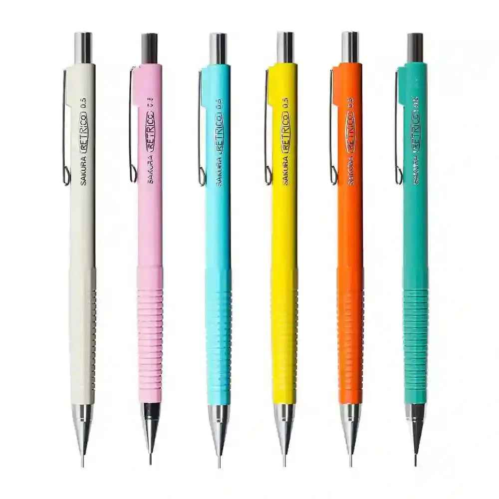 Sakura Retrico versatil kalem altı rengi yan yana, beyaz, pembe, mavi, sarı, turuncu ve yeşil, 0.5 mm
