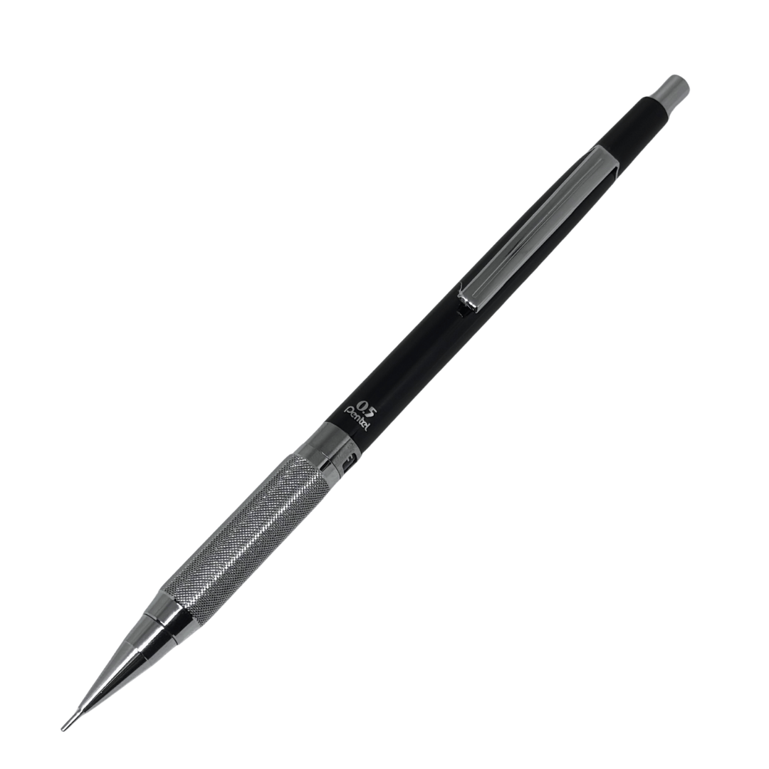 Pentel PG-1505 vintage versatil kalem siyah gövde ve tırtıklı metal kavrama, tam boy, 0.5 mm