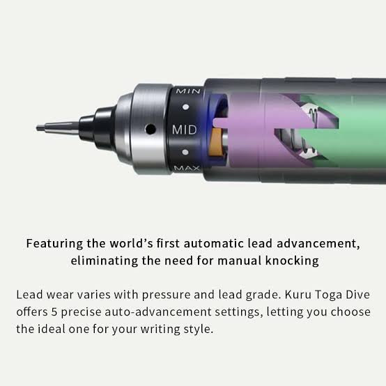 Kuru Toga Dive otomatik uç ilerletmesini anlatan kesit çizimi, MIN MID MAX beş ayar kademesi