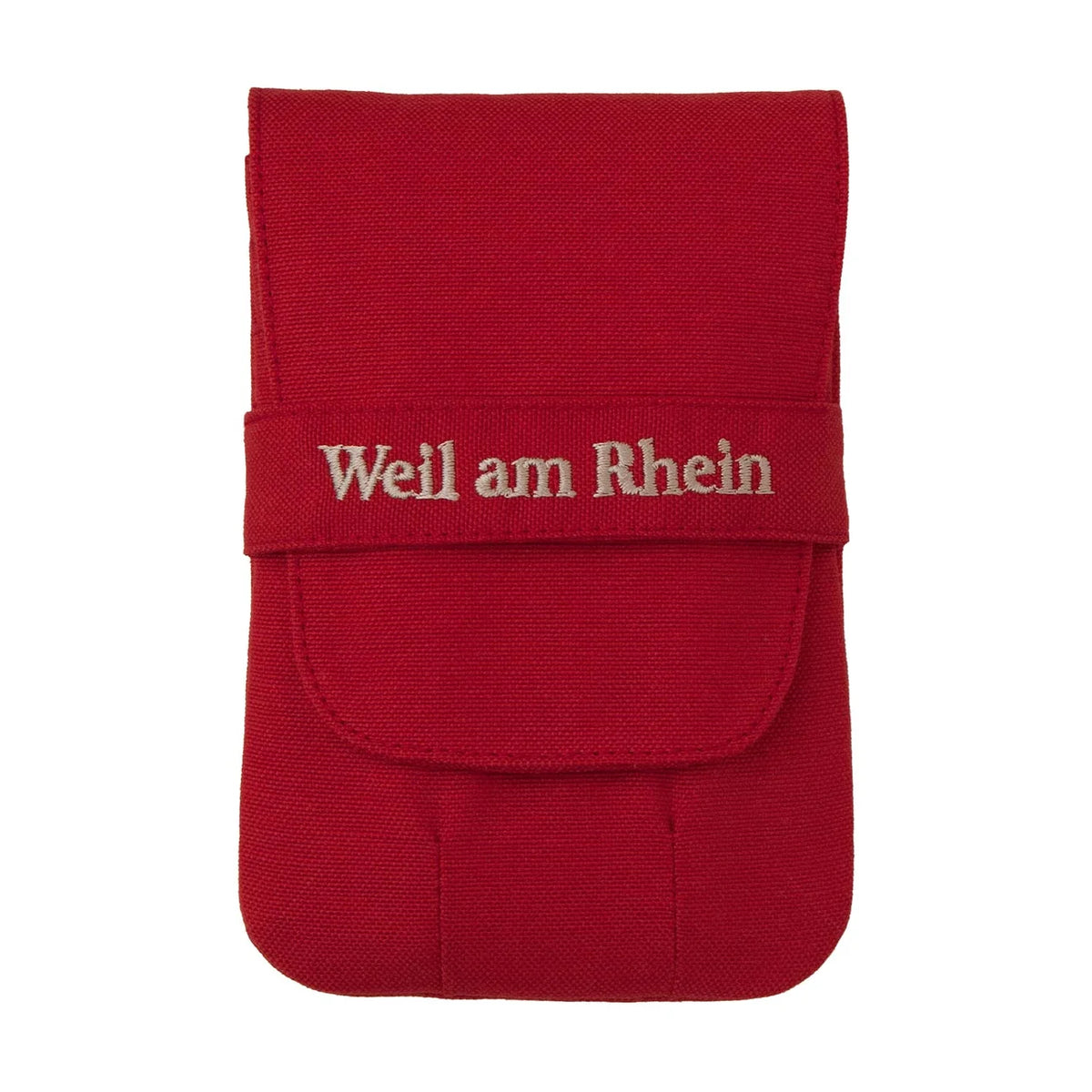 Weil am Rhein Triple Plus kalem kılıfı kırmızı, ön yüz, bej nakışlı marka bandı ve kapak klapesi