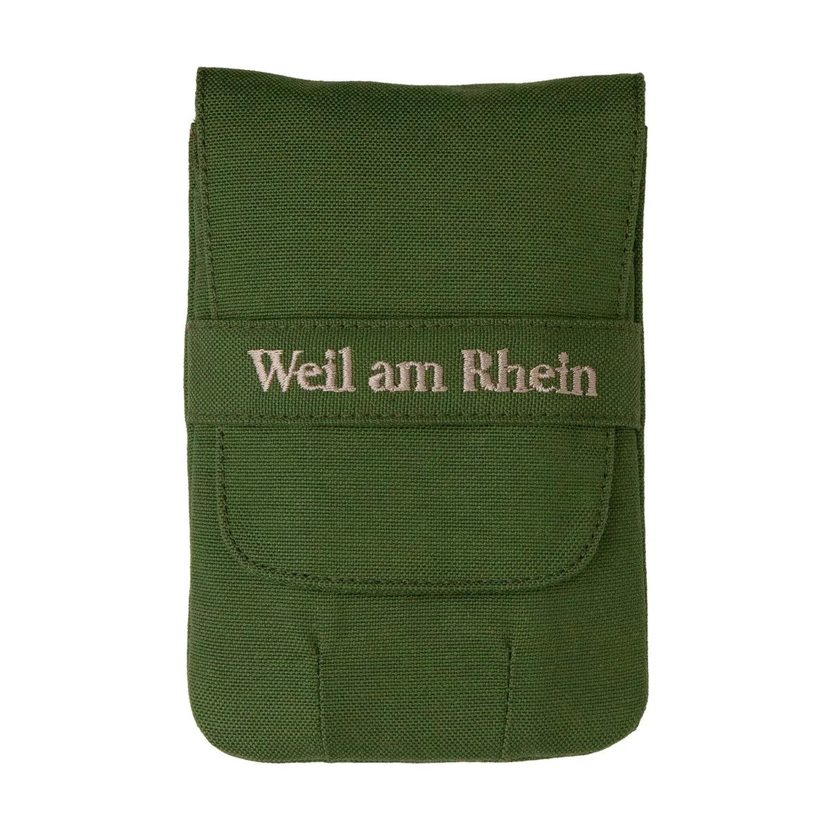 Weil am Rhein Triple Plus kalem kılıfı orman yeşili, ön yüz, bej nakışlı marka bandı