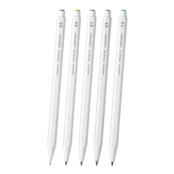 Kokuyo Enpitsu Sharp versatil kalem beyaz gövdeli beş uç kalınlığı yan yana, 0.3'ten 1.3 mm'ye