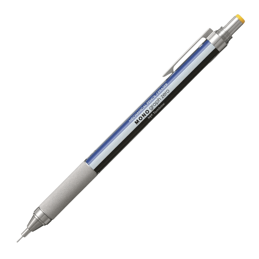 Tombow Mono Graph Zero versatil kalem mavi beyaz siyah şeritli gövde, tırtıklı metal kavrama, 0.3 mm