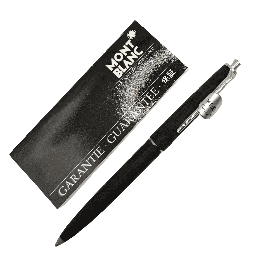 Montblanc 250 versatil kalem, yanında siyah zemin üzerine gümüş baskılı Montblanc garanti kartı