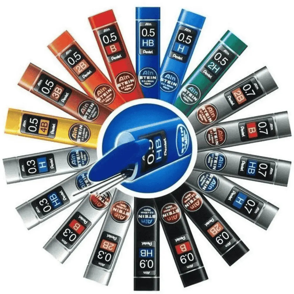Pentel Ain Stein uç tüpleri daire şeklinde dizili, 0.3 ile 0.9 arası kalınlık ve sertlik seçenekleri
