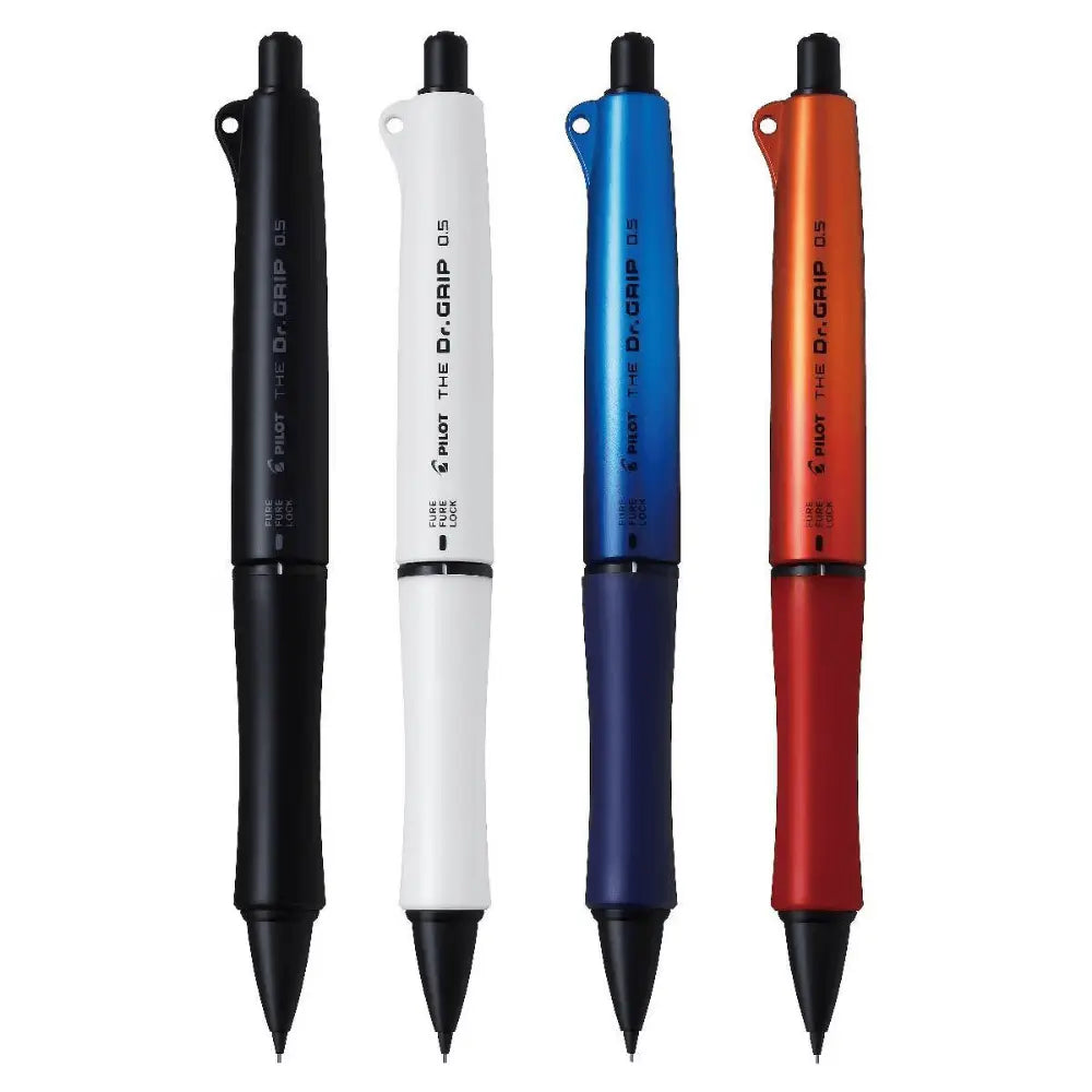 Pilot Dr. Grip limitli üretim versatil kalem dört renkte yan yana: siyah, beyaz, mavi ve turuncu, 0.5 mm