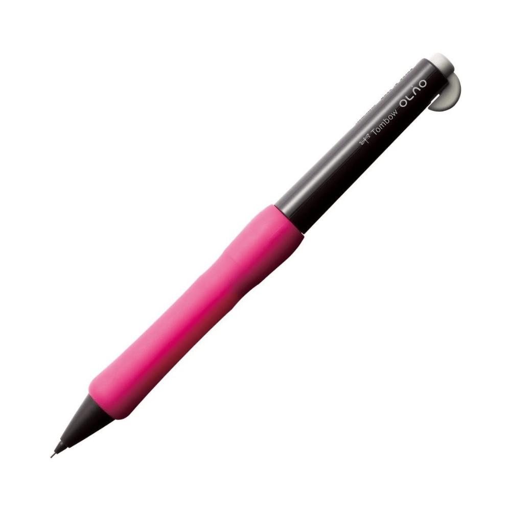 Tombow Olno siyah gövdeli versatil kalem, pembe kavrama ve beyaz kanca klips ile tam boy