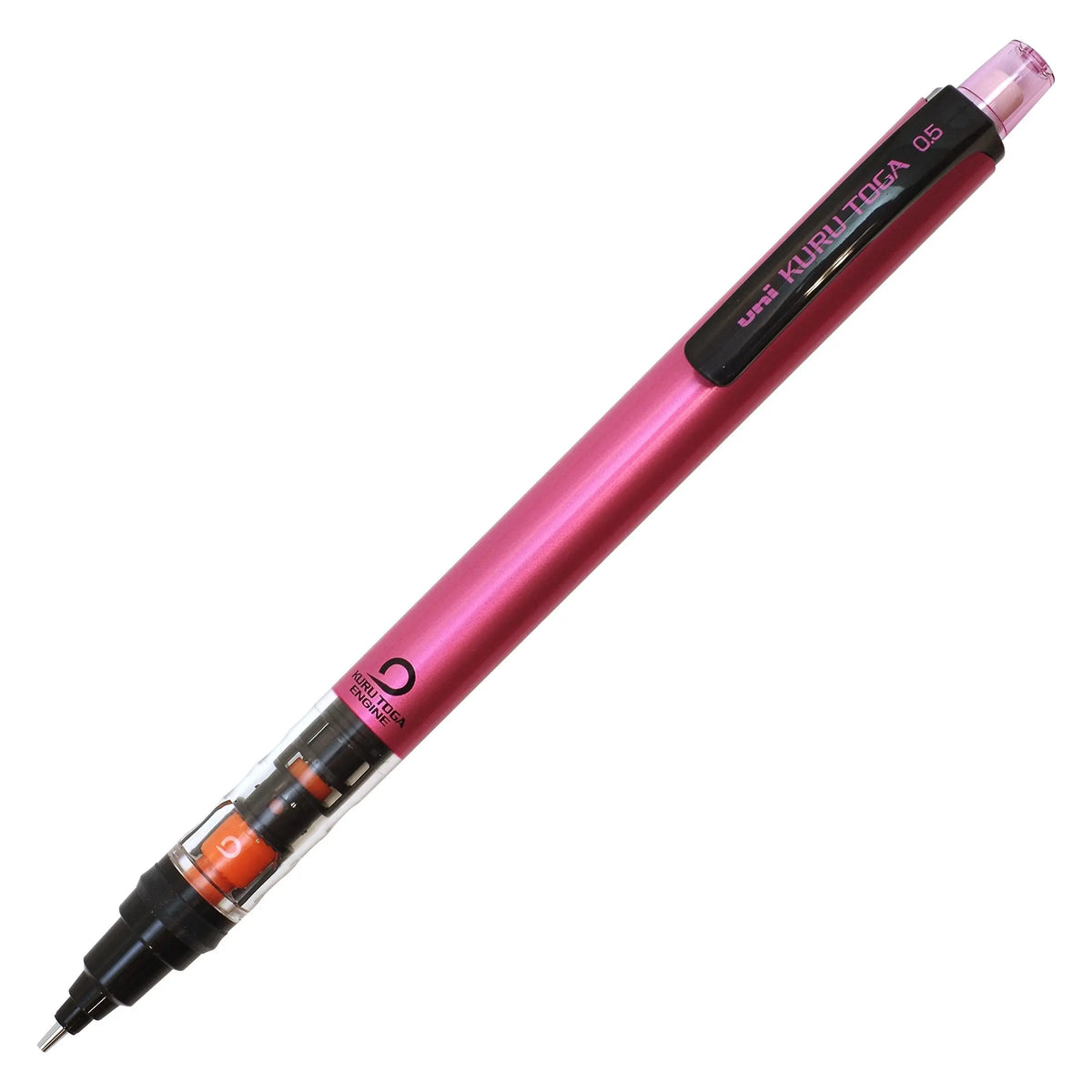 Uni Kuru Toga Pipe Slide pembe metalik gövde, siyah klips ve şeffaf mekanizma bölümü, 0.5 mm
