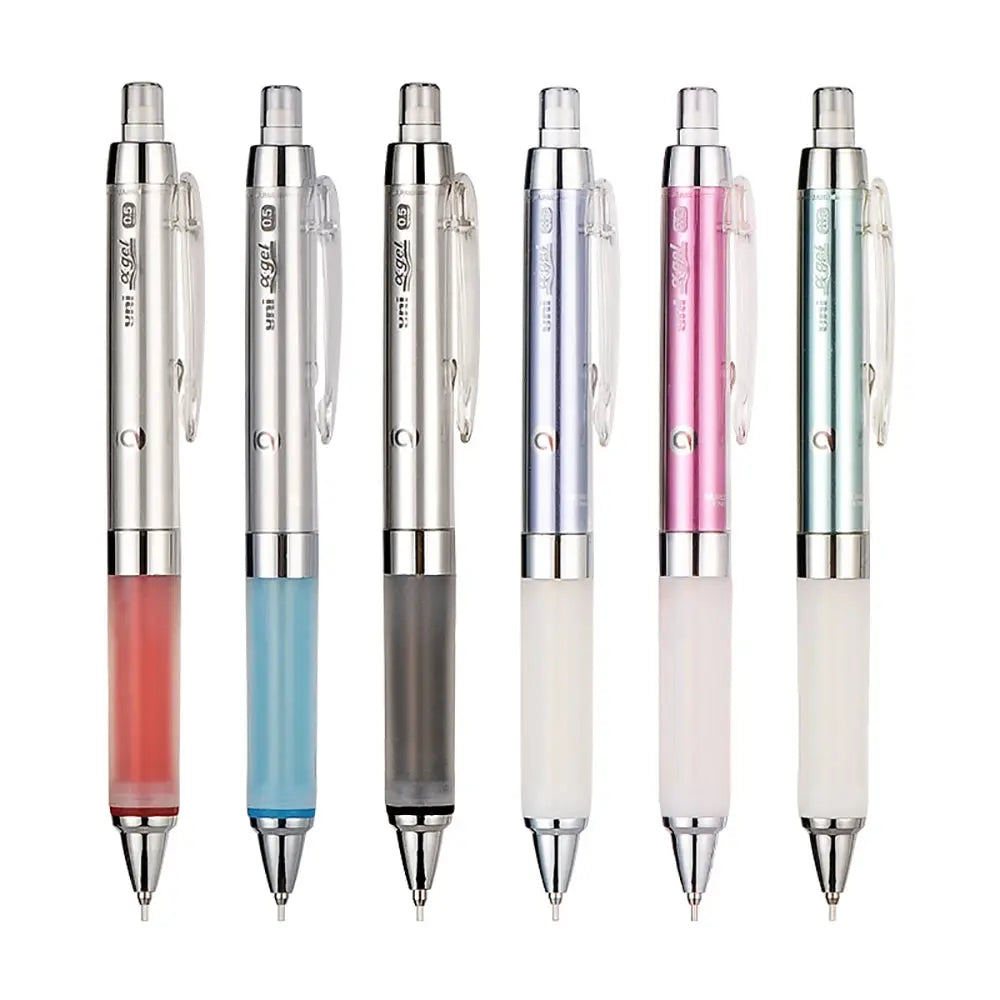 Uni Alpha Gel Kuru Toga versatil kalemin altı renk seçeneği yan yana dizili, 0.5 mm