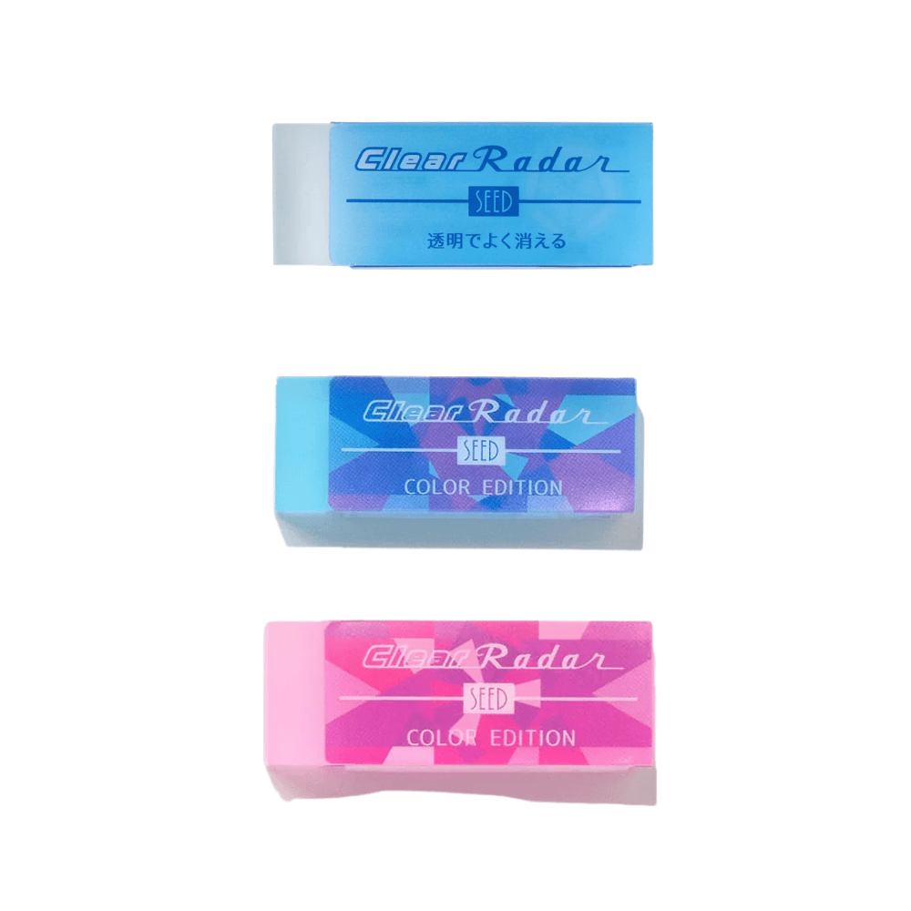 Seed Clear Radar silgi üç renk alt alta; şeffaf mavi, mavi Color Edition ve pembe Color Edition