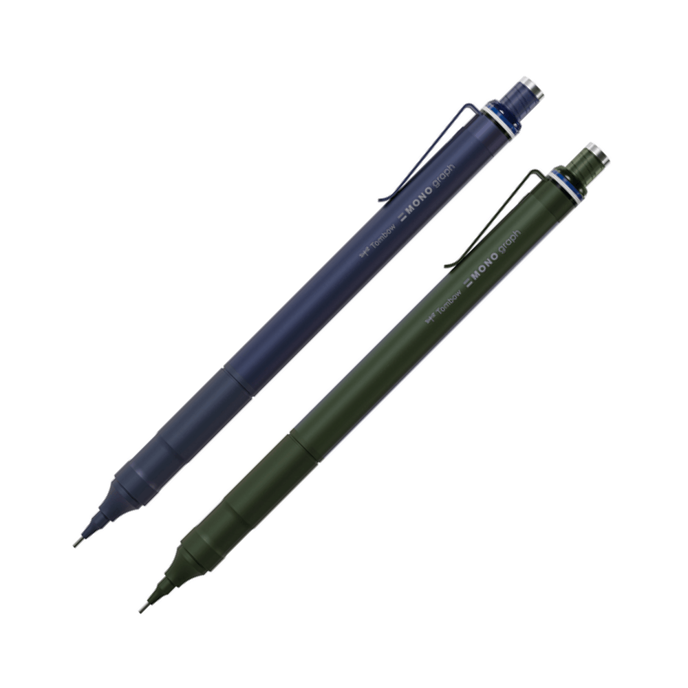 Tombow Mono Graph Fine versatil kalem, lacivert ve koyu yeşil gövde yan yana, 0.5 mm