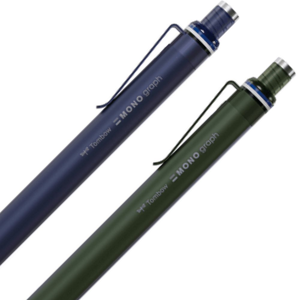 Tombow Mono Graph Fine kalemlerin üst gövdesi, tel klips ve MONO graph logosu yakın çekim