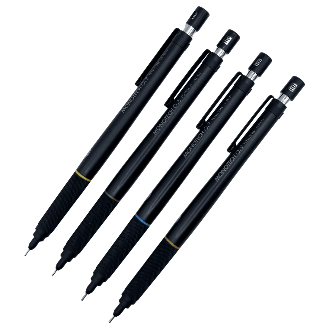 Tombow Monotech 1000 seti, dört mat siyah versatil kalem 0.3, 0.5, 0.7 ve 0.9 mm