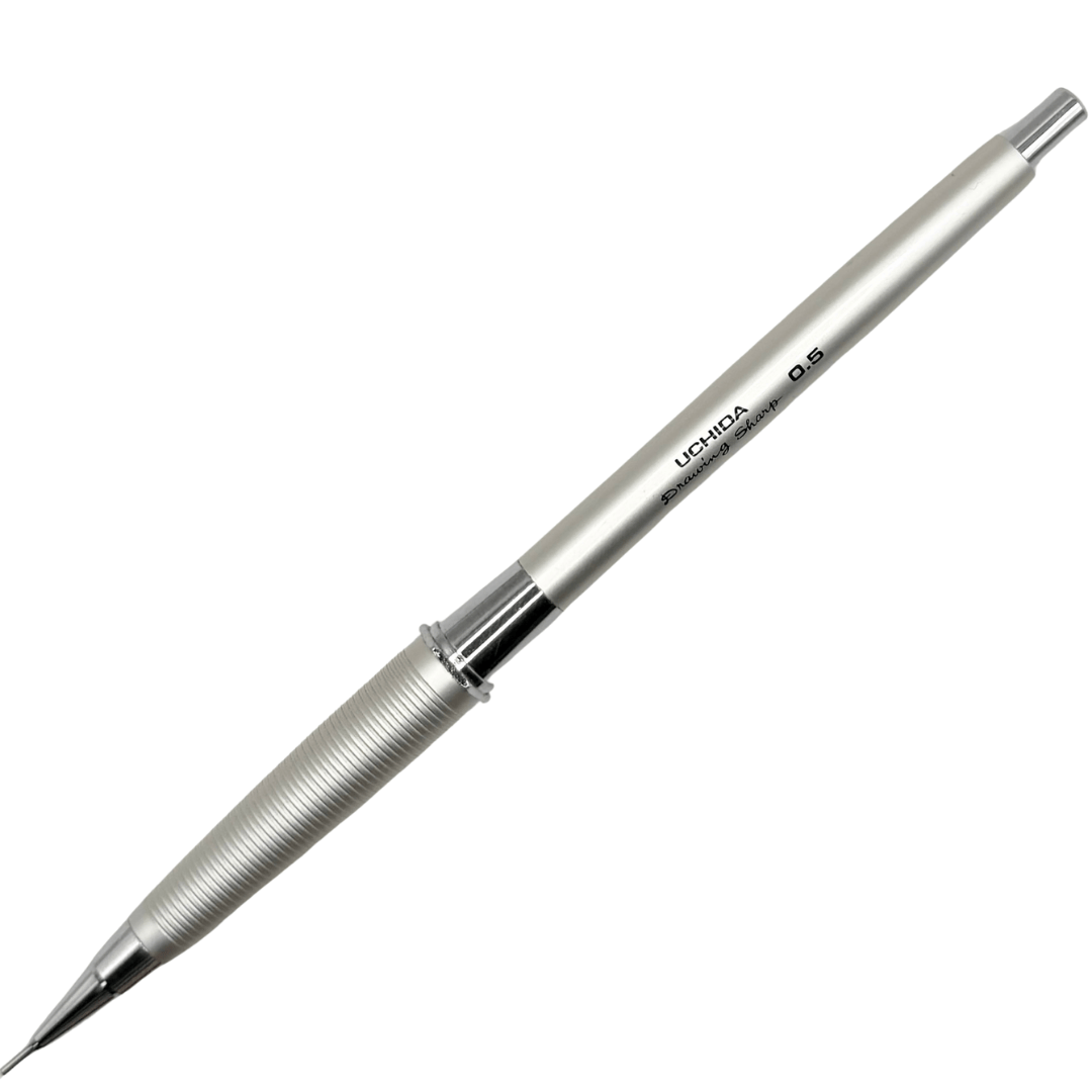 Uchida Drawing Sharp vintage versatil kalem mat gümüş gövde, tam boy görünüm, 0.5 mm