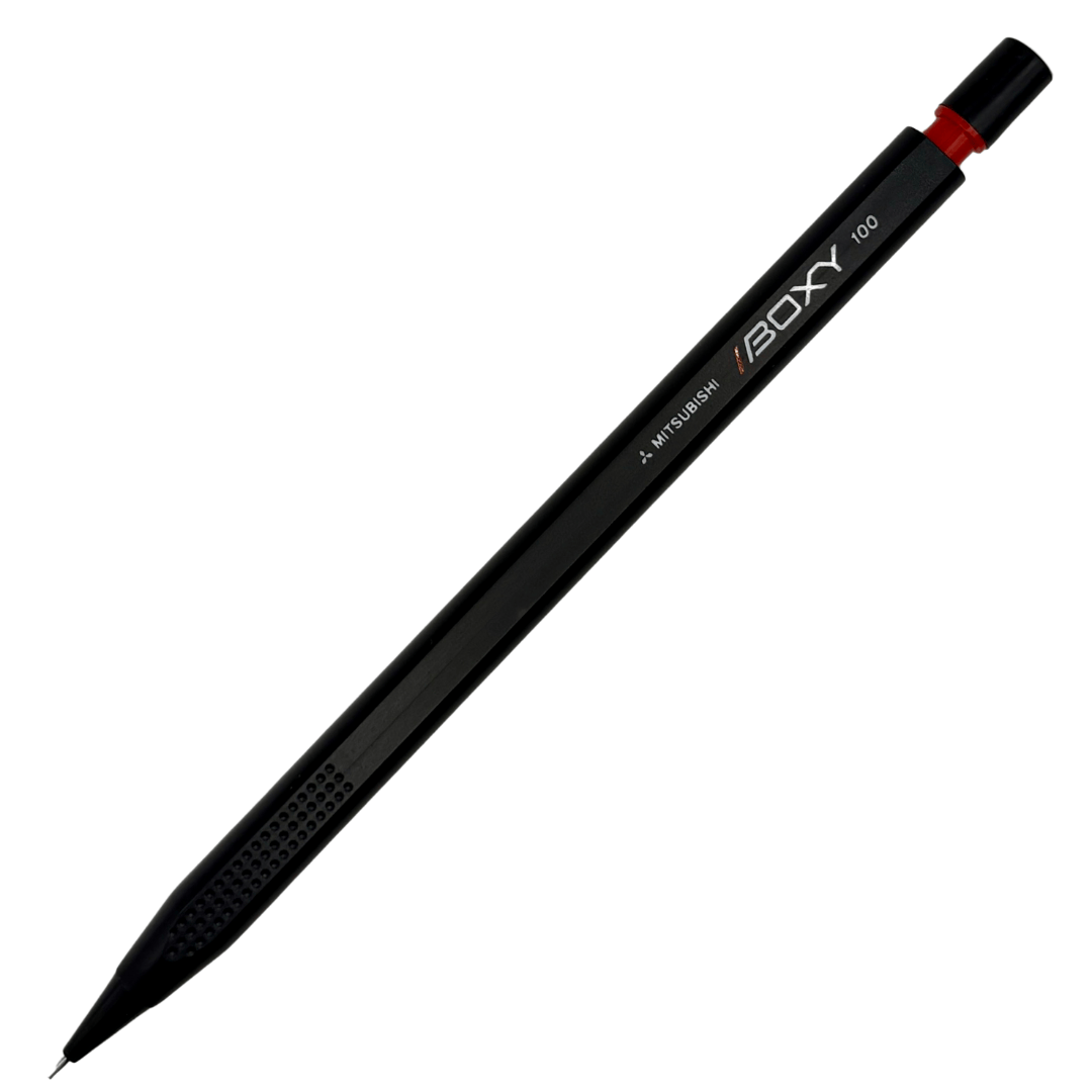 Uni Boxy Stick vintage versatil kalem siyah gövde, tam boy açılı görünüm, 0.5 mm