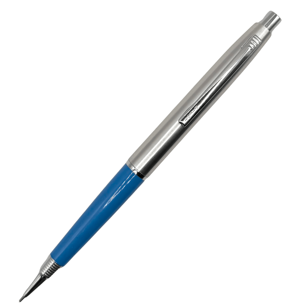 Pilot vintage versatil kalem mavi gövde ve çelik kapak, açılı tam boy görünüm, 0.5 mm