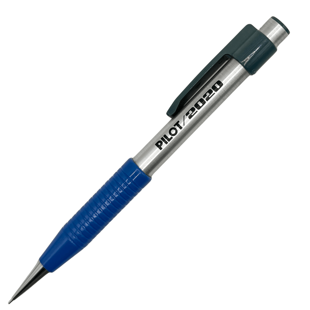 Pilot 2020 Vintage versatil kalem, çelik gövde ve mavi tırtıklı kavrama, tam boy görünüm, 0.5 mm