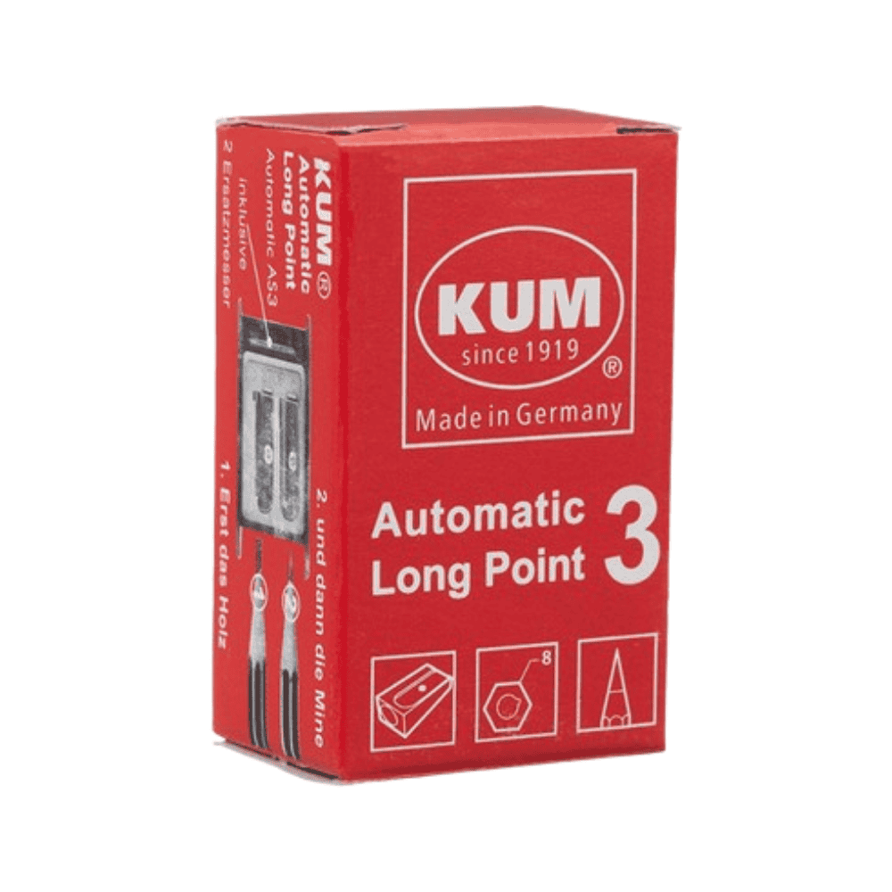 Kum Automatic Long Point kalemtıraşın kırmızı karton kutusu, Made in Germany ve 1919 ibareleri