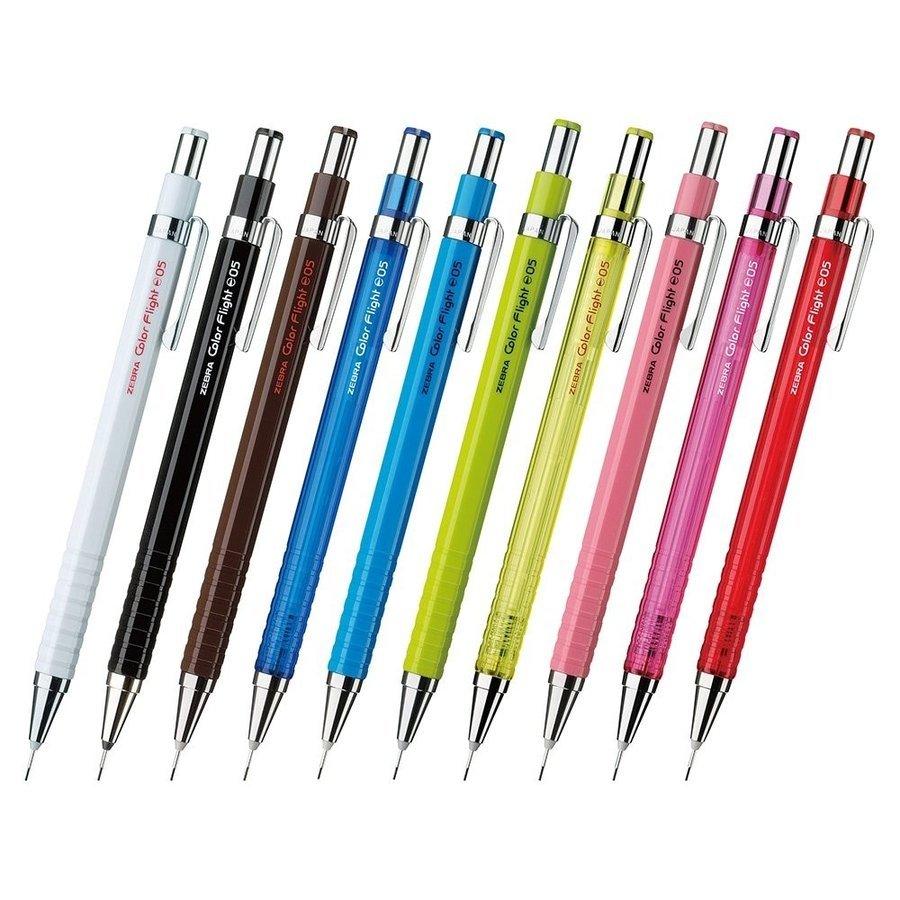 Zebra Color Flight versatil kalem on renkte çapraz dizili; beyaz, siyah, kahve, mavi tonları, yeşil, pembe ve kırmızı, 0.5 mm