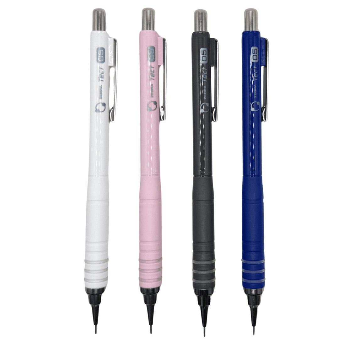 Zebra Tect versatil kalemin beyaz, pembe, gri ve mavi dört rengi yan yana tam boy, 0.5 mm