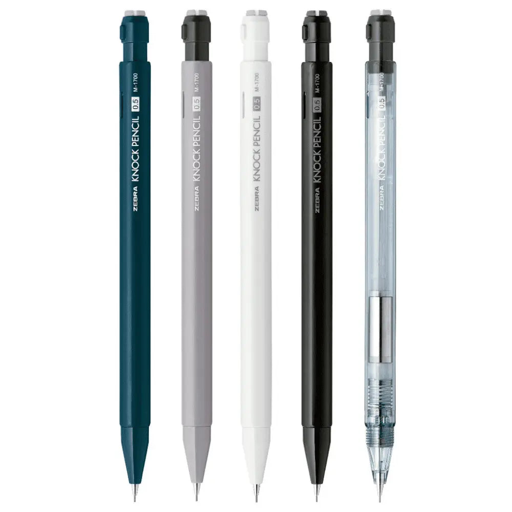 Zebra M-1700 Knock versatil kalem beş renkte yan yana; lacivert, gri, beyaz, siyah ve şeffaf, 0.5 mm