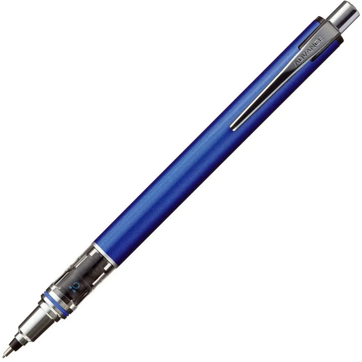Uni Kuru Toga Advance versatil kalem mavi gövde, şeffaf uç mekanizması görünür, 0.7 mm
