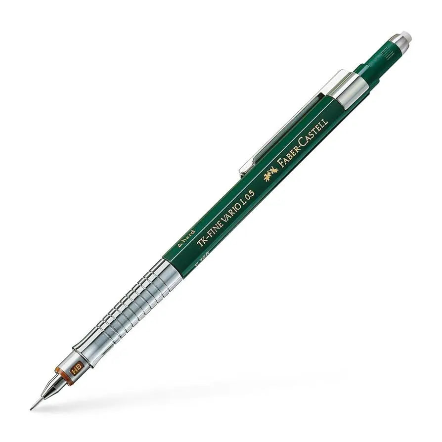 Faber-Castell TK Fine Vario L versatil kalem yeşil gövde, tırtıklı krom kavrama ve HB göstergesi, 0.5 mm