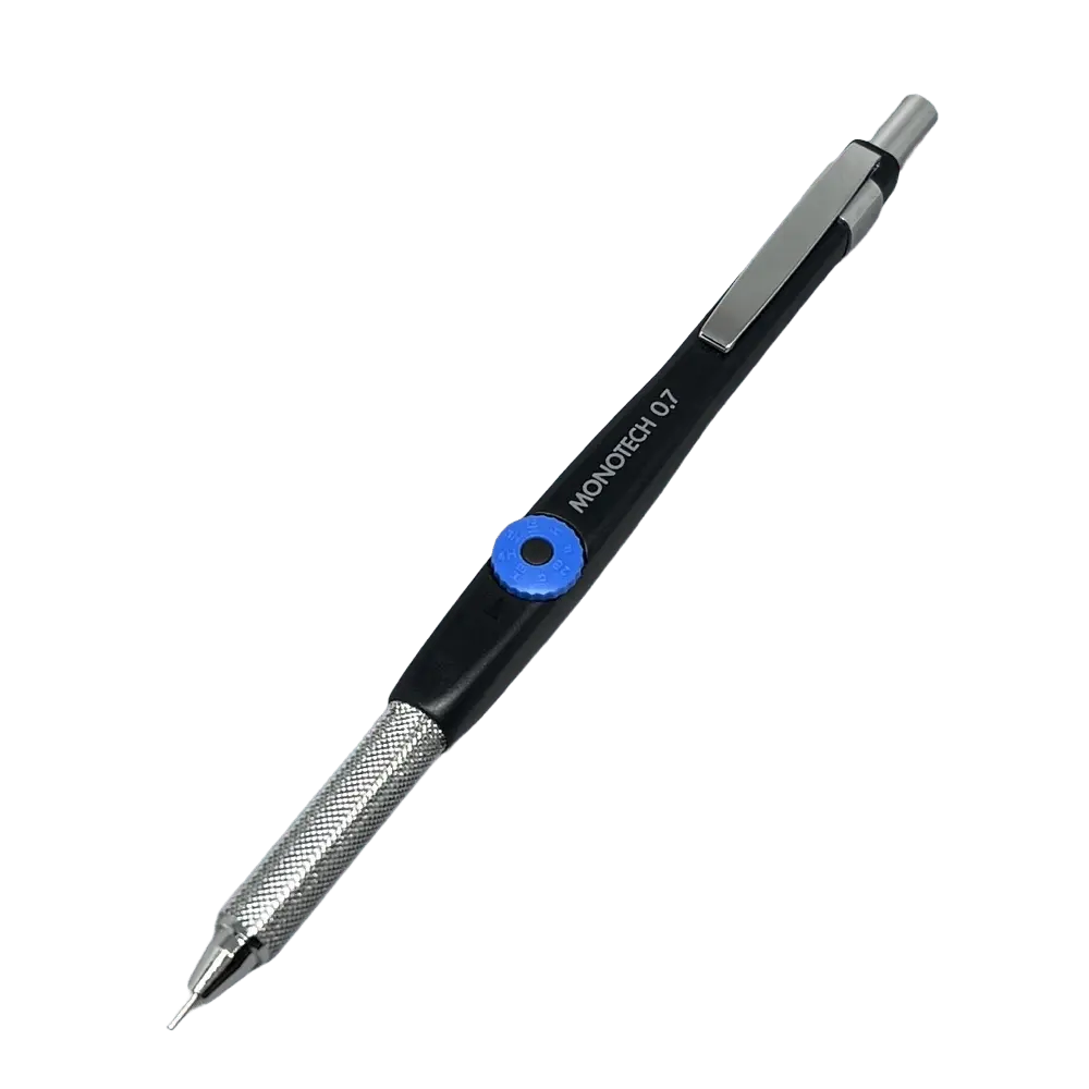Tombow Monotech 500 versatil kalem siyah gövde, tırtıklı metal kavrama ve mavi ayar düğmesi, 0.7 mm