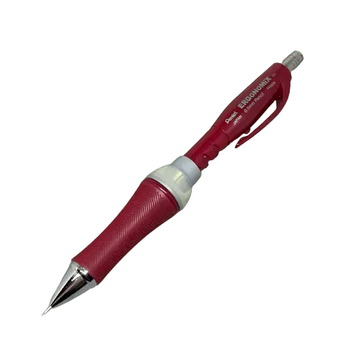 Pentel Ergonomix versatil kalem bordo gövde ve dalgalı kauçuk kavrama, tam boy açılı, 0.5 mm