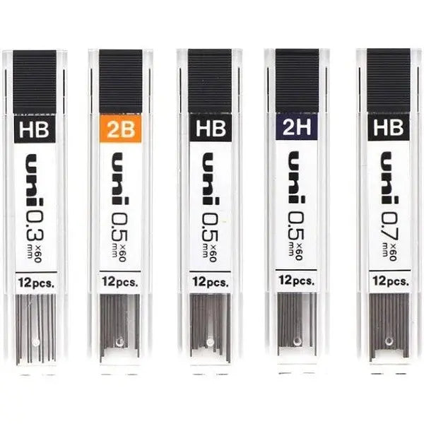 Uni kalem ucu tüpleri yan yana beşli, 0.3 HB, 0.5 2B, 0.5 HB, 0.5 2H ve 0.7 HB seçenekleri
