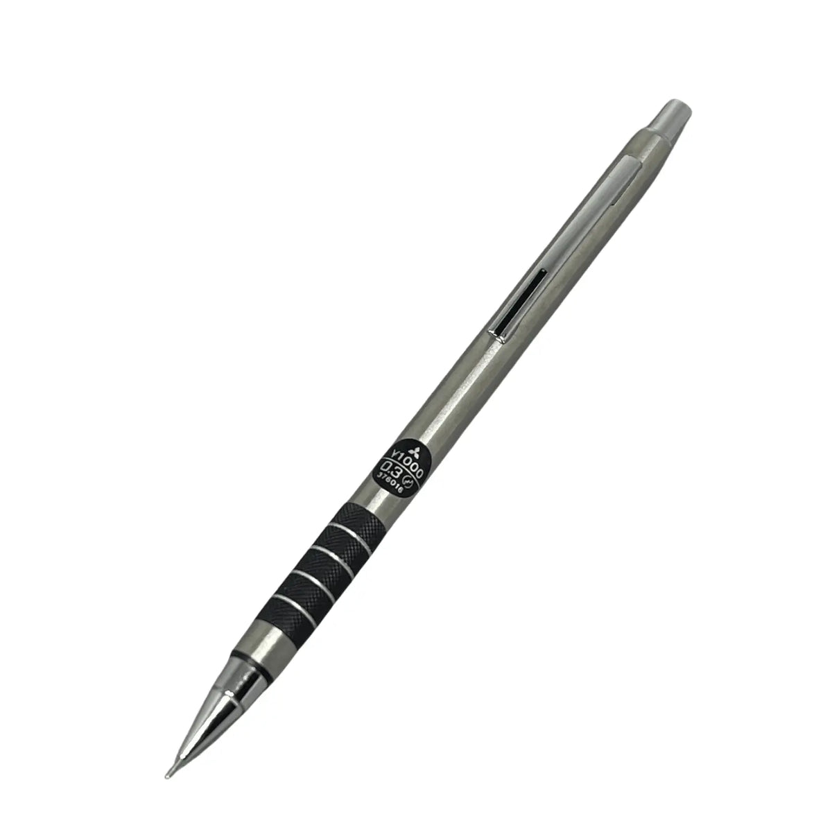 Uni Mitsubishi Boxy vintage versatil kalem, çelik gövde, siyah tırtıklı kavrama ve 1000 yen etiketi, 0.3 mm
