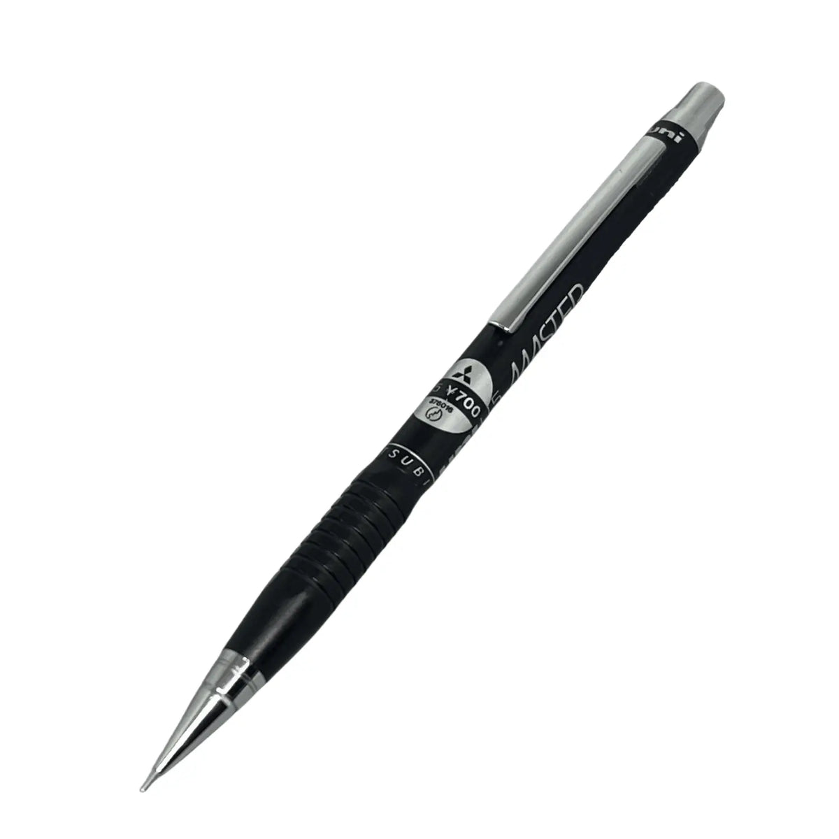Uni Mitsubishi Master vintage versatil kalem siyah gövde, halkalı kavrama ve 700 yen etiketi, 0.5 mm