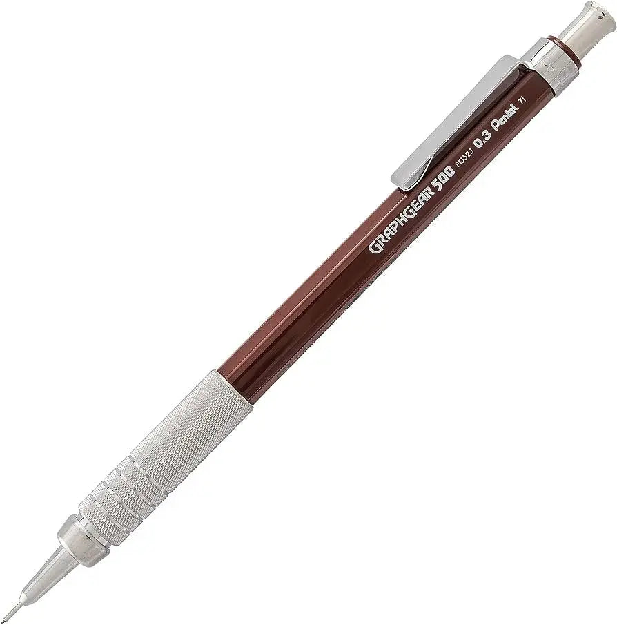 Pentel Graphgear 500 versatil kalem, bordo gövde, tırtıklı metal kavrama ve çelik klips, 0.3 mm