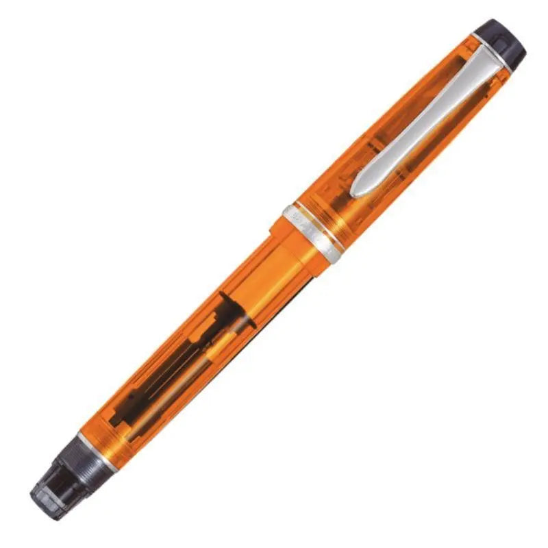 Pilot Custom Heritage 92 dolma kalem turuncu şeffaf gövde, iç piston mekanizması görünür, fine uç
