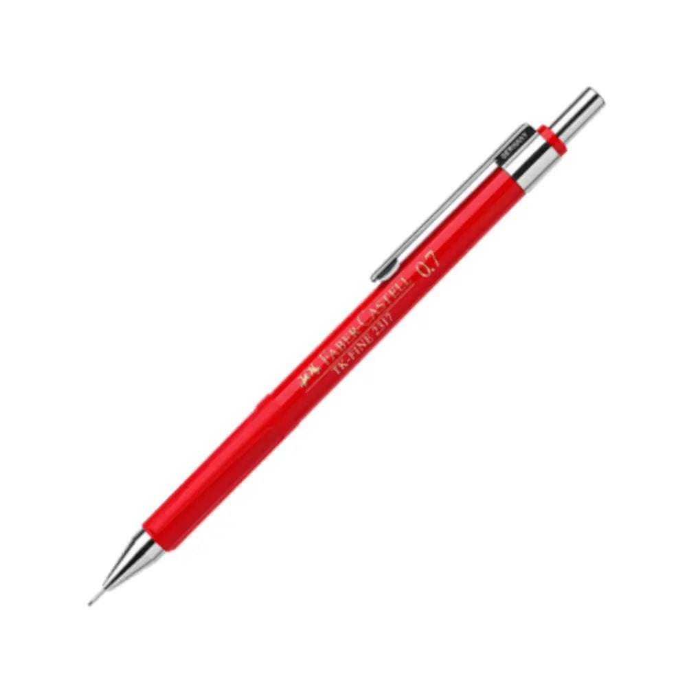 Faber-Castell TK Fine 2317 versatil kalem, kırmızı gövde ve krom klips, tam boy çapraz, 0.7 mm