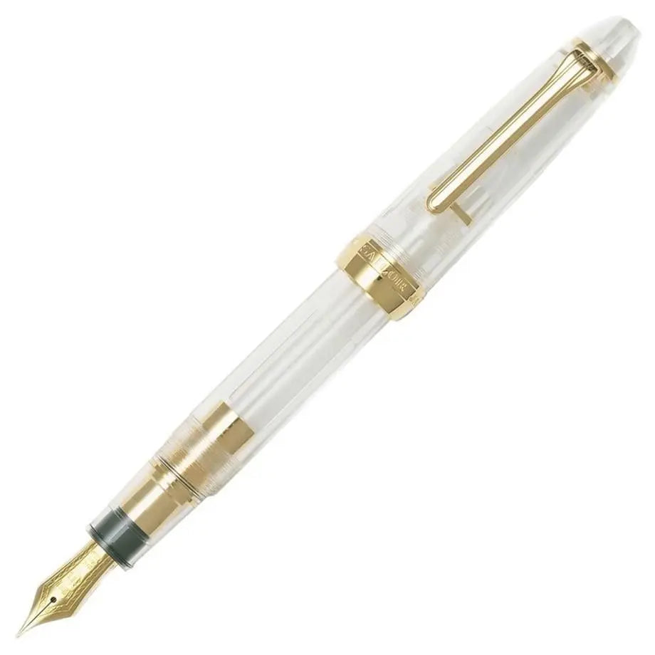 Sailor 1911S Dolma Kalem Demonstrator, şeffaf gövde ile altın rengi klips ve bilezik, kapağı açık