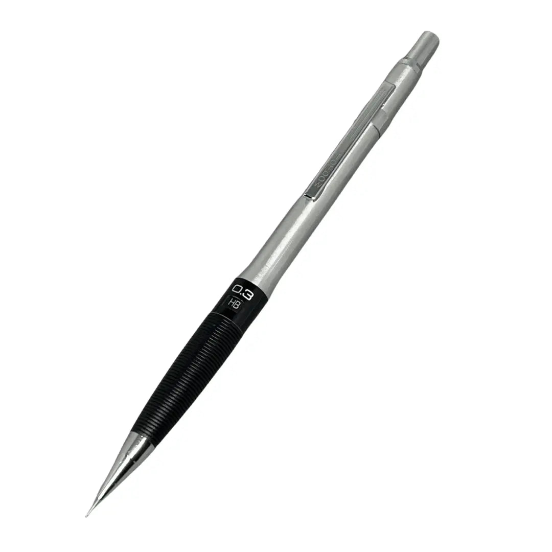 Tombow SH-1000 LP vintage versatil kalem, gümüş metal gövde ve siyah tırtıklı kavrama, 0.3 mm