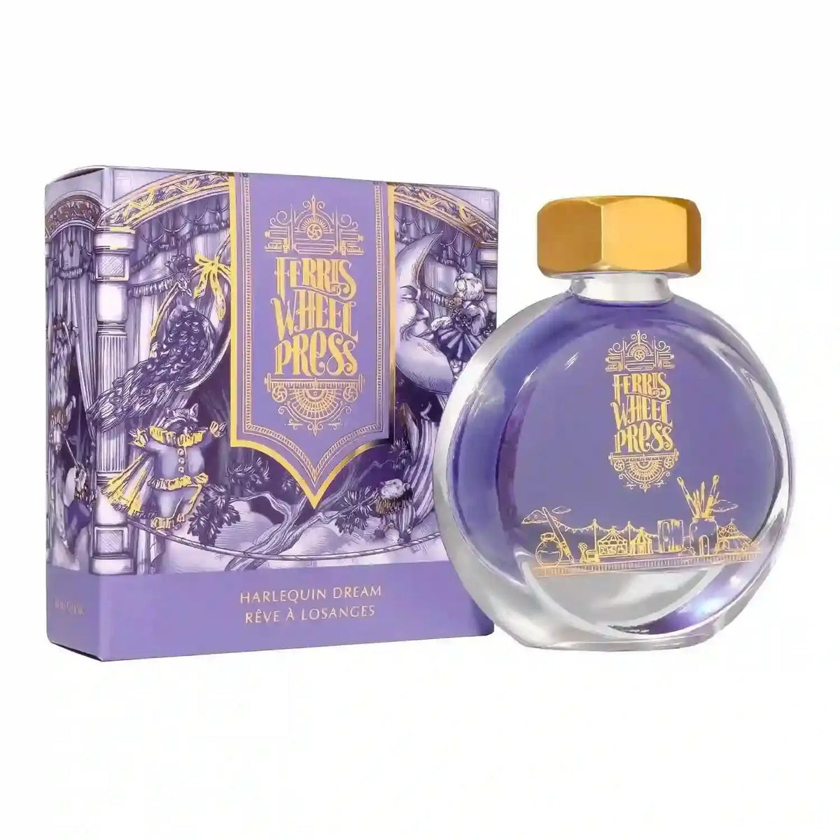 Ferris Wheel Press Harlequin Dream 38 ml mürekkep, yuvarlak cam şişe ve lila desenli kutusu yan yana