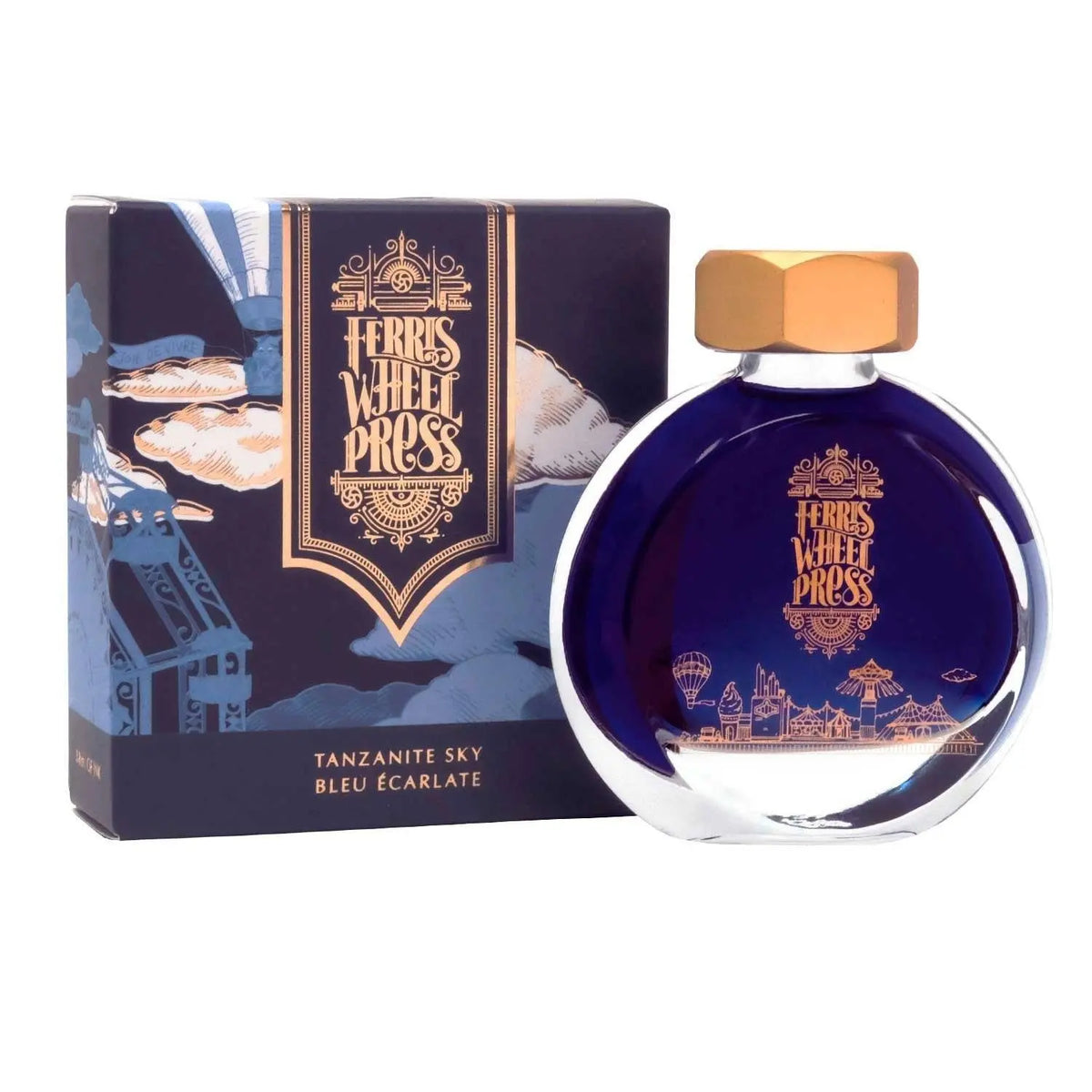 Ferris Wheel Press Tanzanite Sky 38 ml mürekkep, lacivert cam şişe ve bulut desenli kutusu