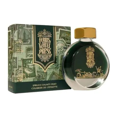 Ferris Wheel Press Spruce County Post 38 ml mürekkep, koyu yeşil cam şişe ve desenli yeşil kutusu
