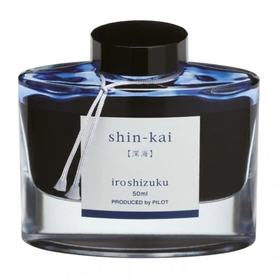 Pilot Iroshizuku Shin-Kai şişe mürekkep, ağır cam şişe ve ipli etiket, 50 ml lacivert mürekkep