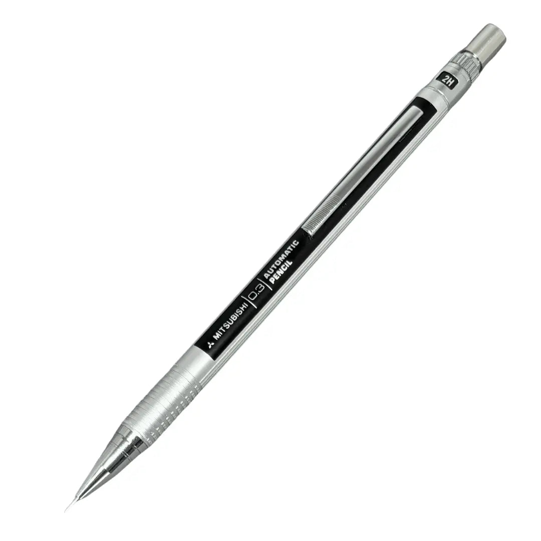 Uni Mitsubishi Automatic Pencil vintage versatil kalem, gümüş gövde ve siyah şerit, 0.3 mm