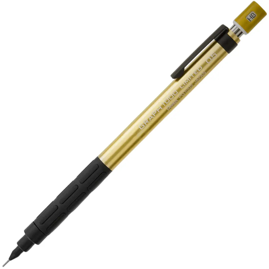 Pentel Graph 1000 Limited versatil kalem altın gövde, siyah kavrama ve HB silgi başlığı, 0.5 mm