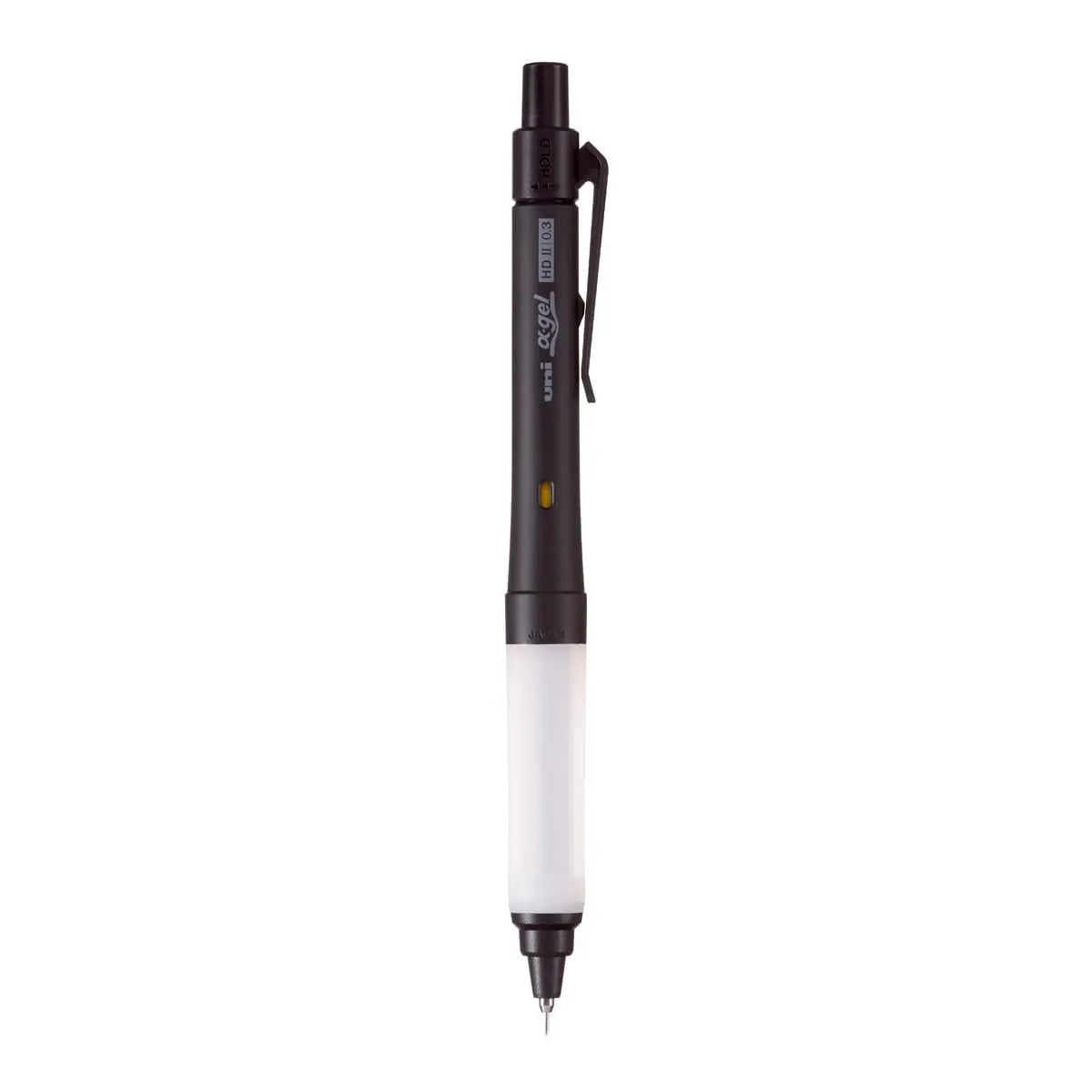Uni Alpha Gel Switch versatil kalem siyah gövde ve şeffaf jel kavrama, tam boy görünüm, 0.3 mm
