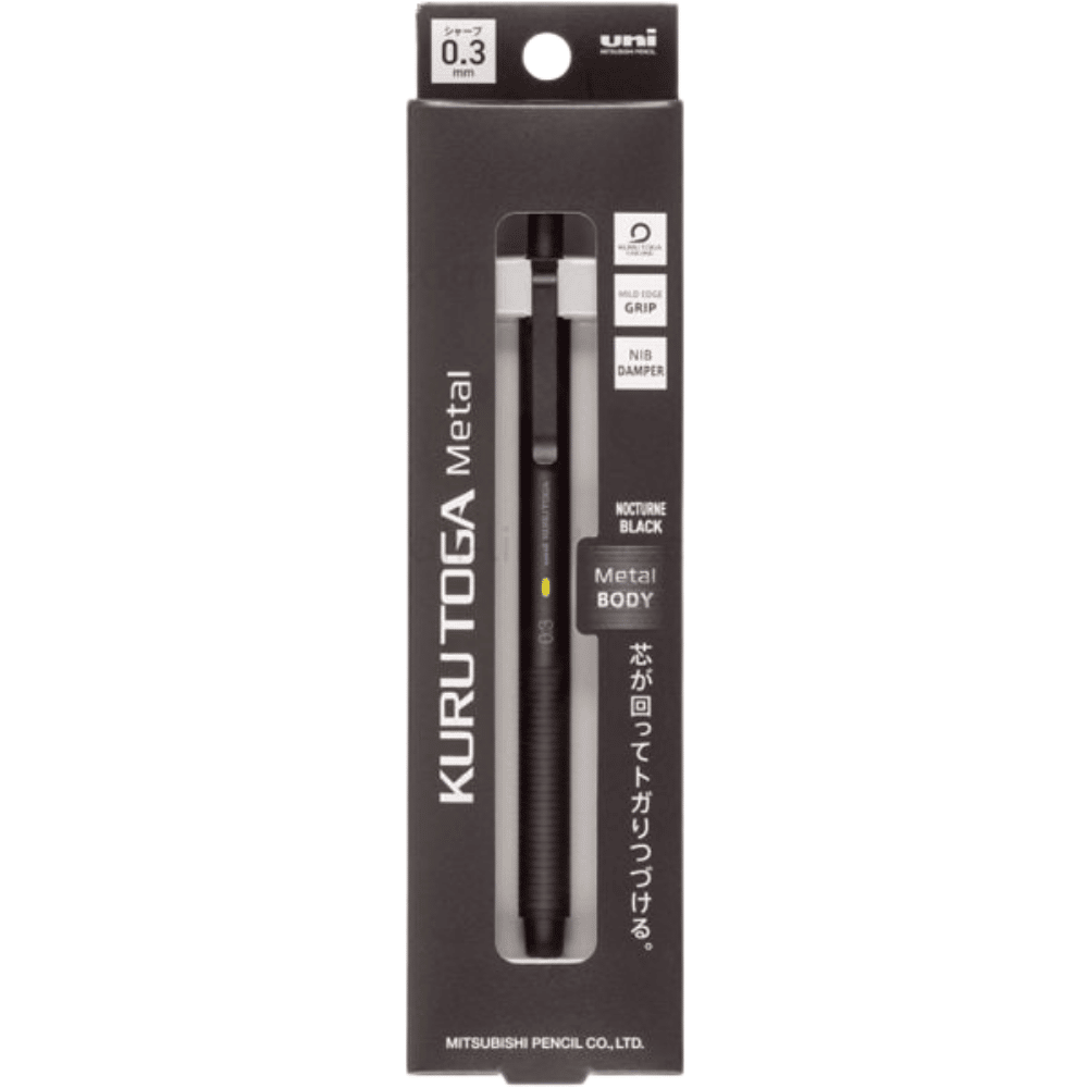 Uni Kuru Toga Metal Nocturne Black kalemin siyah karton ambalajı, 0.3 mm ve Metal BODY ibareleri