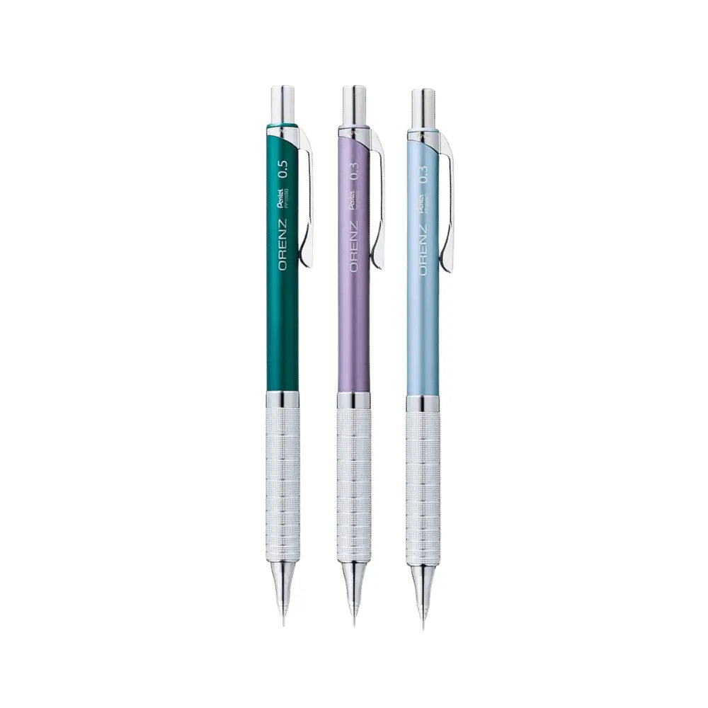 Pentel Orenz Metal Grip versatil kalem üçlü dizi, yeşil 0.5 mm ile mor ve mavi 0.3 mm gövdeler